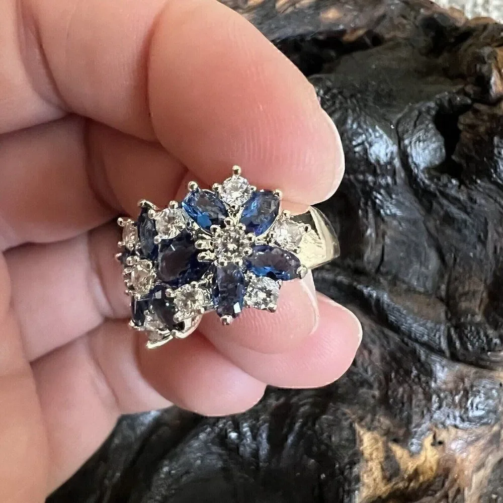 Large Statement Floral Cluster Ring Size 6 Blue Clear Silver Tone Prong Set
